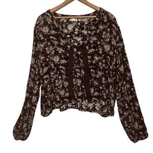 So Size Medium Black Lace Up Romantic Floral Y2K Cropped Babydoll Blouse